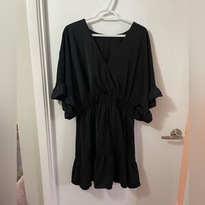 Black Cinched Waist Ruffle Mini Dress